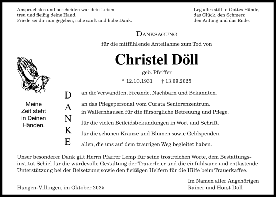 Traueranzeige von Christel Döll von Licher Wochenblatt