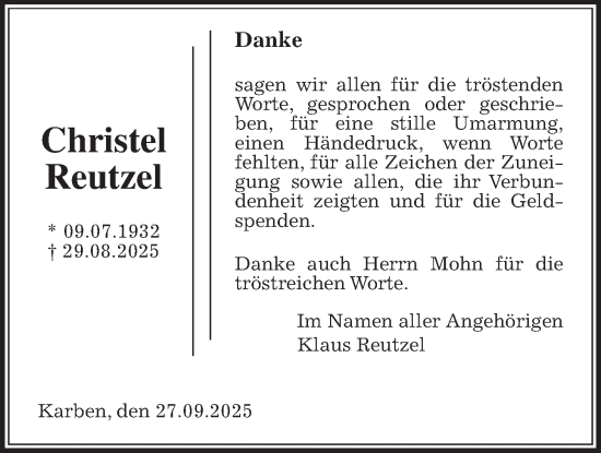 Traueranzeige von Christel Reutzel von Wetterauer Zeitung, Bad Vilbel/Karben