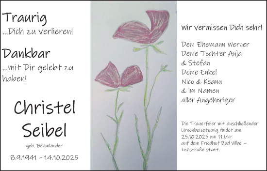 Traueranzeige von Christel Seibel von Bad Vilbel/Karben