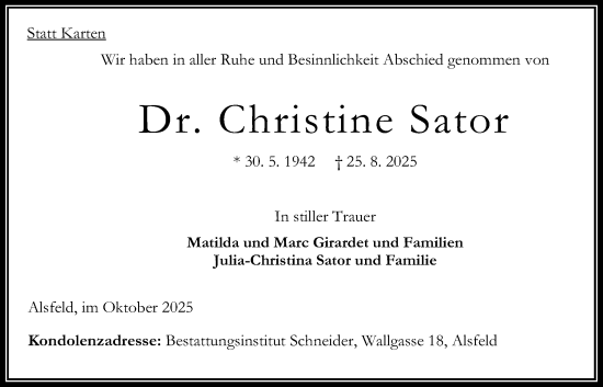 Traueranzeige von Christine Sator von Oberhessische Zeitung