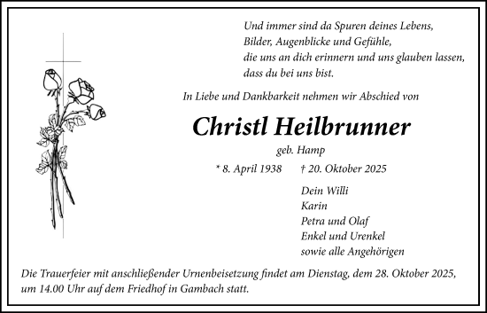 Traueranzeige von Christl Heilbrunner von Butzbacher Zeitung