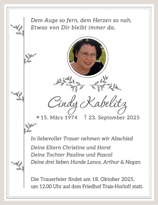 Traueranzeige von Cindy Kahl von Licher Wochenblatt