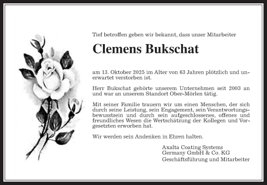 Traueranzeige von Clemens Bukschat von Giessener Anzeiger