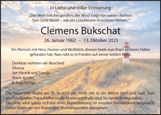 Traueranzeige von Clemens Bukschat von Giessener Allgemeine, Alsfelder Allgemeine, Giessener Anzeiger