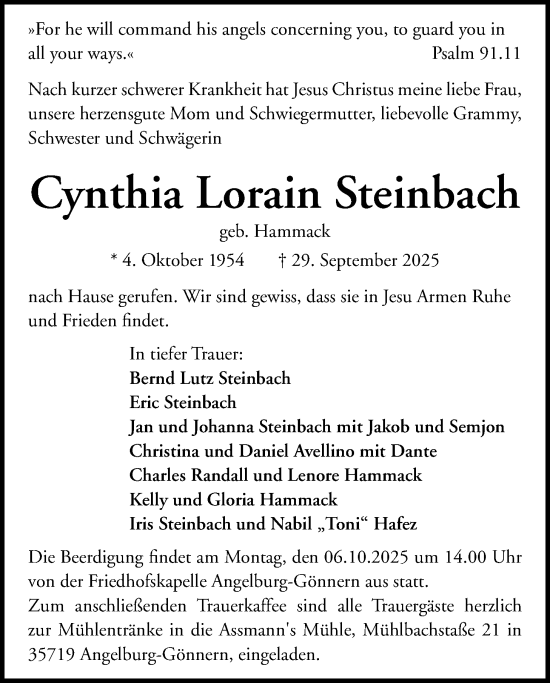 Traueranzeige von Cynthia Lorain Steinbach von Wetterauer Zeitung