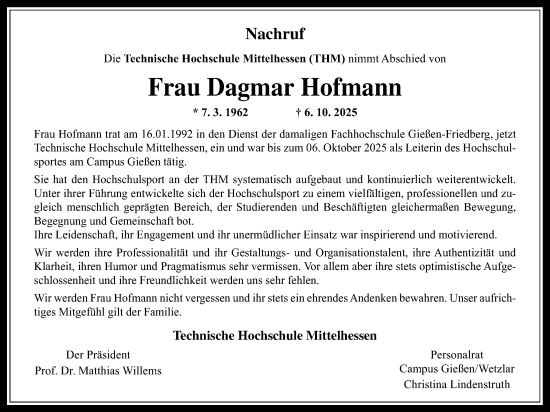 Traueranzeige von Dagmar Hofmann von Giessener Allgemeine, Alsfelder Allgemeine, Wetterauer Zeitung