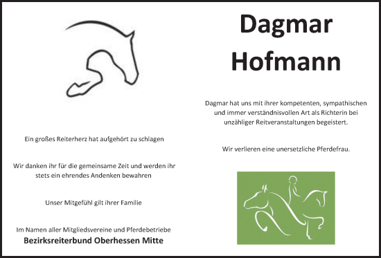 Traueranzeige von Dagmar Hofmann von Giessener Allgemeine, Alsfelder Allgemeine, Giessener Anzeiger