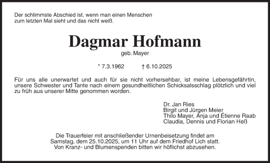 Traueranzeige von Dagmar Hofmann von Licher Wochenblatt