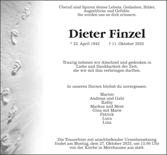 Traueranzeige von Dieter Finzel von Usinger Anzeiger, Usinger Anzeigenblatt