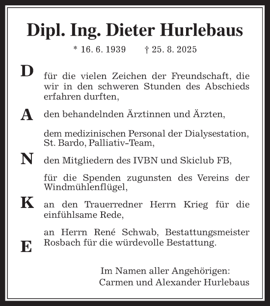 Traueranzeige von Dieter Hurlebaus von Wetterauer Zeitung