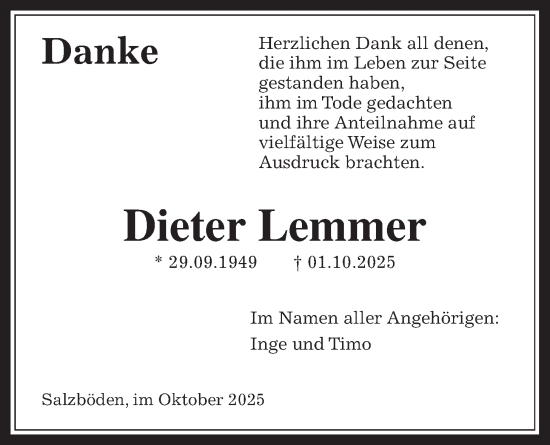Traueranzeige von Dieter Lemmer von Giessener Allgemeine, Alsfelder Allgemeine