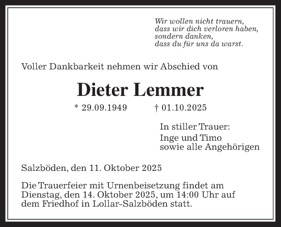 Traueranzeige von Dieter Lemmer von Giessener Allgemeine, Alsfelder Allgemeine