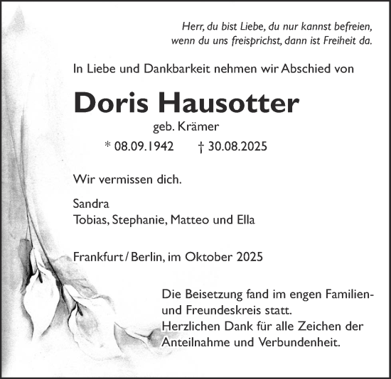 Traueranzeige von Doris Hausotter von Licher Wochenblatt