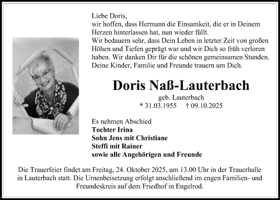 Traueranzeige von Doris Nass-Lauterbach von Lauterbacher Anzeiger