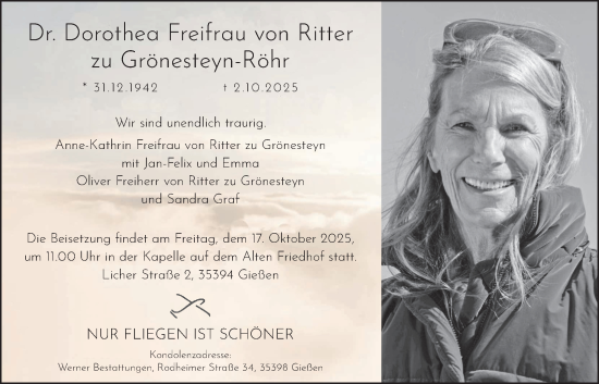 Traueranzeige von Dorothea Freifrau von Ritter zu Grönesteyn-Röhr von Giessener Allgemeine, Alsfelder Allgemeine, Giessener Anzeiger