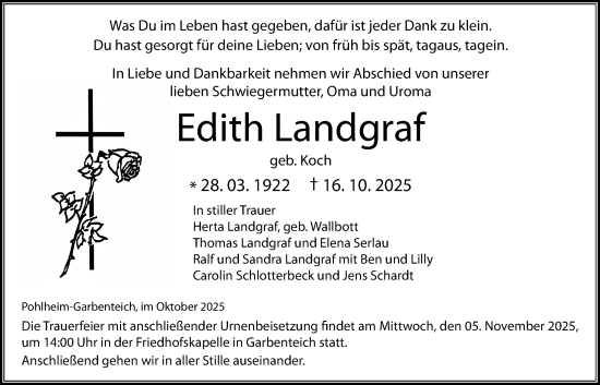 Traueranzeige von Edith Landgraf von Giessener Anzeiger, Giessener Allgemeine, Alsfelder Allgemeine, Pohlheimer Nachrichten