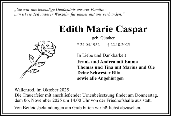 Traueranzeige von Edith Marie Caspar von Lauterbacher Anzeiger