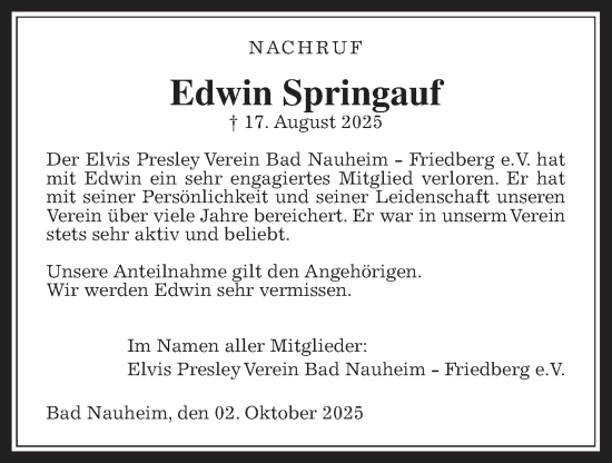 Traueranzeige von Edwin Springauf von Wetterauer Zeitung