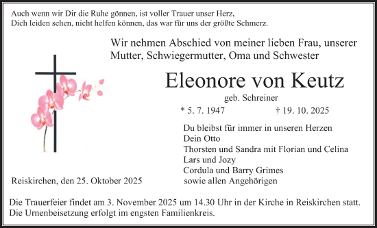 Traueranzeige von Eleonore von Keutz von Giessener Allgemeine, Alsfelder Allgemeine