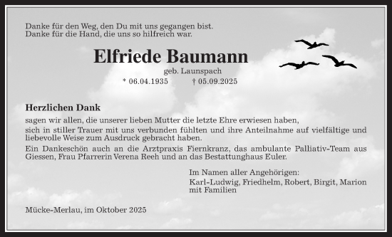 Traueranzeige von Elfriede Baumann von Giessener Allgemeine, Alsfelder Allgemeine