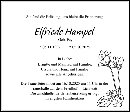 Traueranzeige von Elfriede Hampel von Licher Wochenblatt