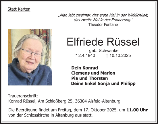 Traueranzeige von Elfriede Rüssel von Oberhessische Zeitung