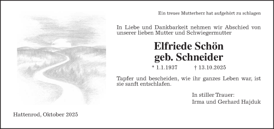 Traueranzeige von Elfriede Schön von Giessener Allgemeine, Alsfelder Allgemeine
