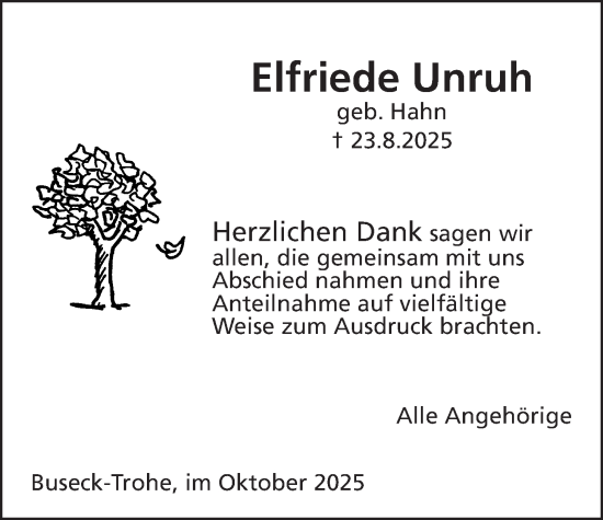Traueranzeige von Elfriede Unruh von Giessener Allgemeine, Alsfelder Allgemeine, Giessener Anzeiger