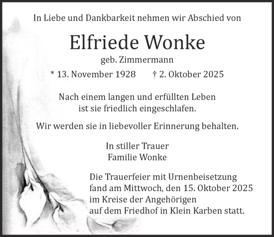 Traueranzeige von Elfriede Wonke von Bad Vilbel/Karben