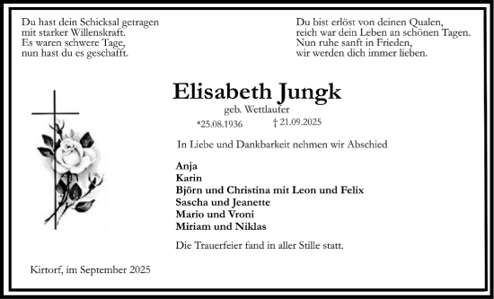 Traueranzeige von Elisabeth Jungk von Oberhessische Zeitung