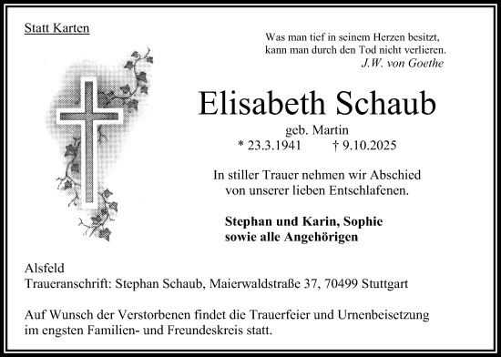 Traueranzeige von Elisabeth Schaub von Oberhessische Zeitung