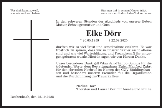 Traueranzeige von Elke Dörr von Giessener Allgemeine, Alsfelder Allgemeine