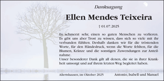 Traueranzeige von Ellen Mendes Teixeira von Giessener Allgemeine, Alsfelder Allgemeine, Giessener Anzeiger, Rabenauer Zeitung
