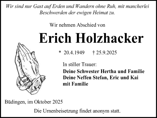 Traueranzeige von Erich Holzhacker von Kreis-Anzeiger