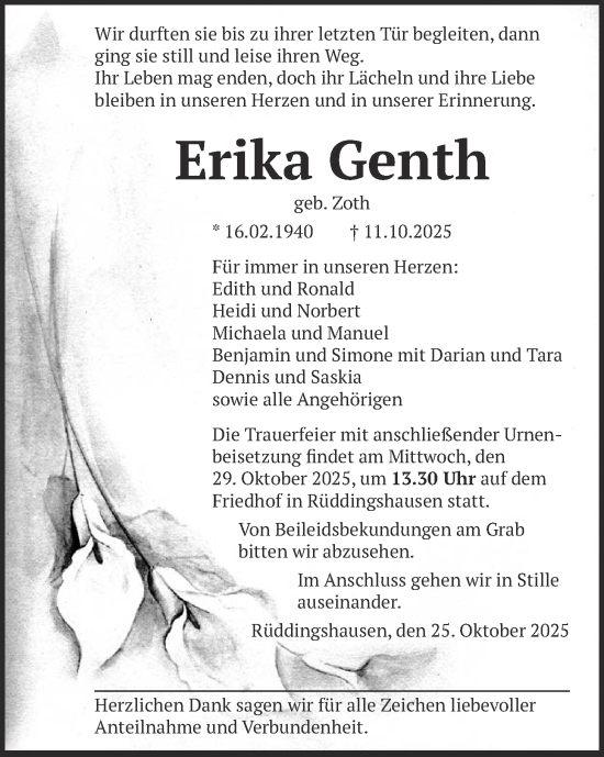 Traueranzeige von Erika Genth von Giessener Allgemeine, Alsfelder Allgemeine
