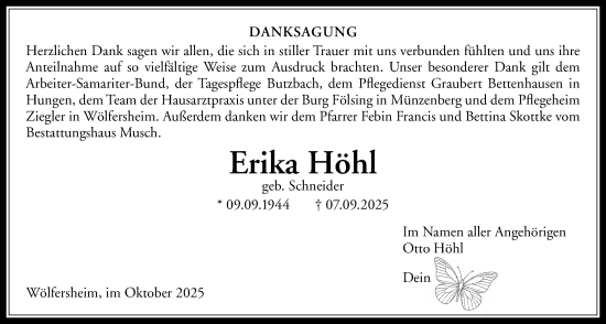 Traueranzeige von Erika Höhl von Butzbacher Zeitung