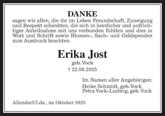 Traueranzeige von Erika Jost von Allendorfer Mitteilungen
