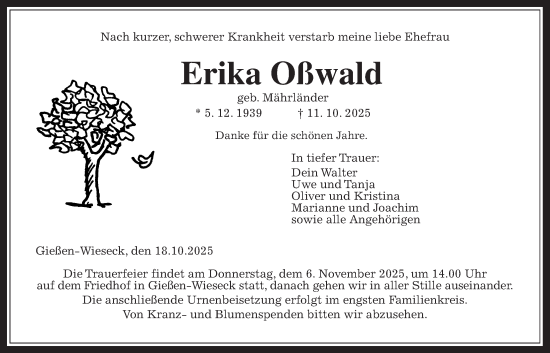 Traueranzeige von Erika Oßwald von Giessener Allgemeine, Alsfelder Allgemeine