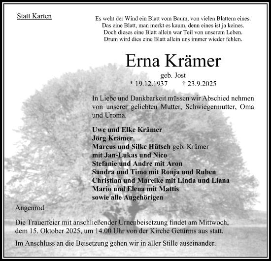 Traueranzeige von Erna Krämer von Oberhessische Zeitung