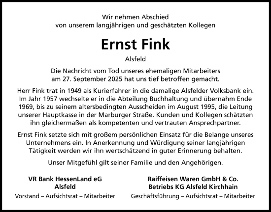 Traueranzeige von Ernst Fink von Oberhessische Zeitung