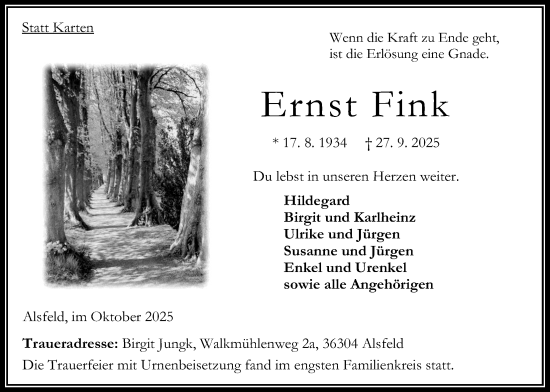 Traueranzeige von Ernst Fink von Oberhessische Zeitung