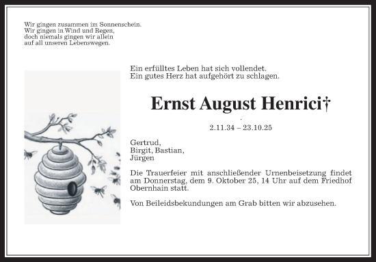 Traueranzeige von Ernst August Henrici von Usinger Anzeiger