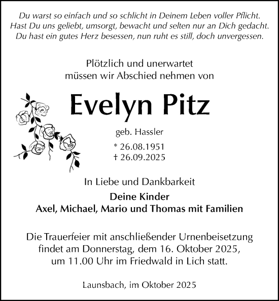 Traueranzeige von Evelyn Pitz von Giessener Allgemeine, Alsfelder Allgemeine
