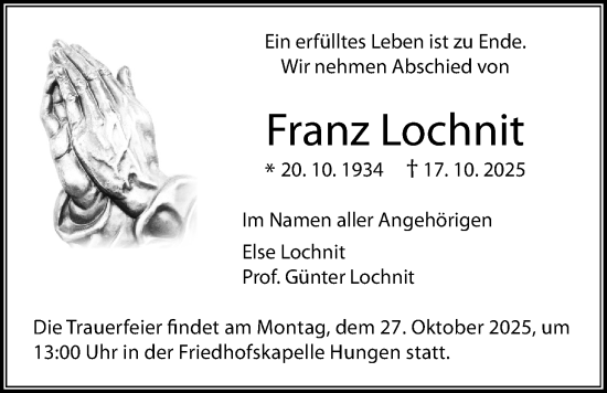 Traueranzeige von Franz Lochnit von Licher Wochenblatt