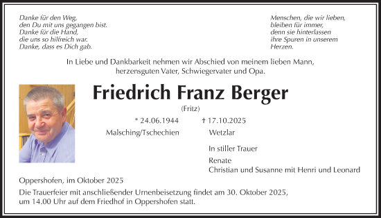 Traueranzeige von Friedrich Franz Berger von Wetterauer Zeitung