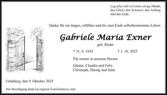 Traueranzeige von Gabriele Maria Exner von Heimatzeitung Grünberg + Laubach
