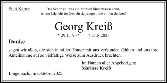 Traueranzeige von Georg Kreiß von Oberhessische Zeitung