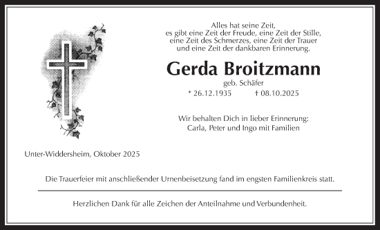 Traueranzeige von Gerda Broitzmann von Kreis-Anzeiger