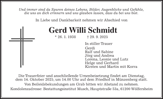 Traueranzeige von Gerd Willi Schmidt von Butzbacher Zeitung