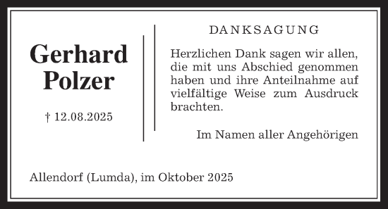 Traueranzeige von Gerhard Polzer von Allendorfer Mitteilungen